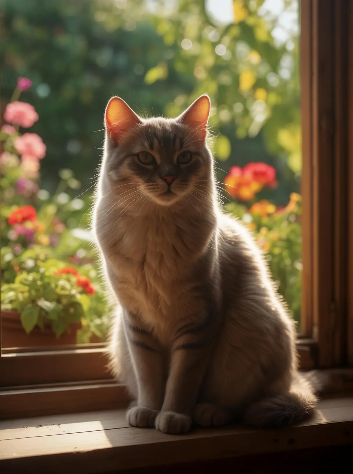 Cat sitting on windowsill with flowers in background