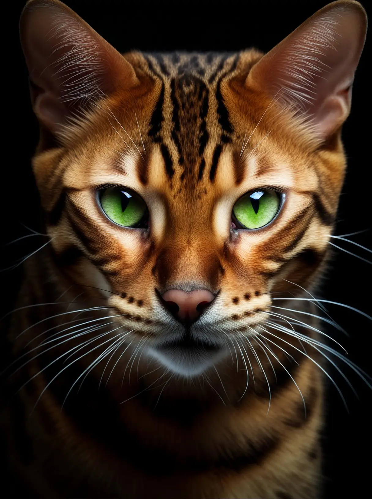 Professional cat portrait with striking green eyes against black background